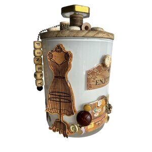 Dress Form Finery Glass Jar, Button Encrusted Lid Vanity Jar Suitcase SEW Trinke
